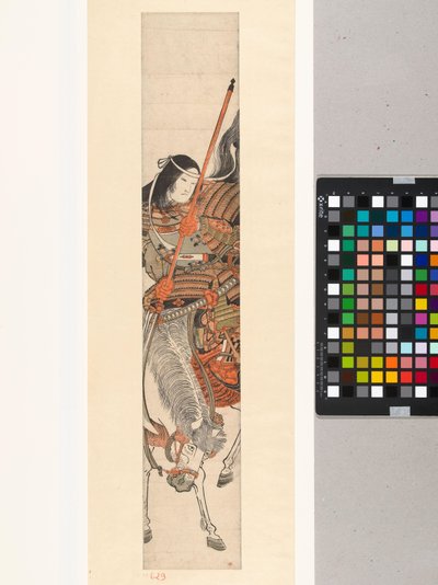 Mujer guerrera Tomoe Gozen en armadura con espada a caballo de Kitao Shigemasa (attributed to)