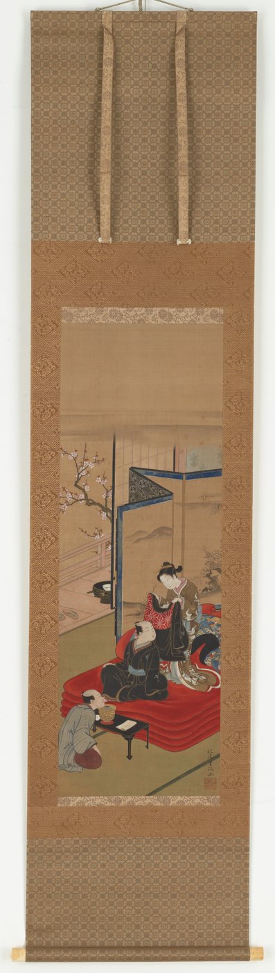 Una cortesana ayudando a un hombre a vestirse, período Edo, mediados del siglo XVIII-principios del siglo XIX de Kitao Shigemasa