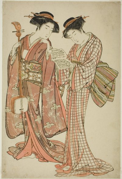 Dos geishas sosteniendo un shamisen y un libro de canciones de Kitao Shigemasa
