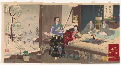 Chushingura, Yuranosuke en su retiro (xilografía, tinta y color sobre papel) de Kiyochika Kobayashi