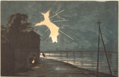 Trueno y relámpago sobre el puente Onmaya de Kiyochika Kobayashi