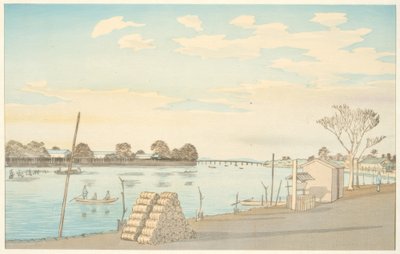 Ferry con vista al monte Fuji, el río Okawa de Kiyochika Kobayashi