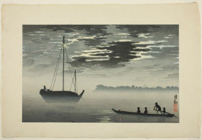 Luz de luna a través de las nubes en la costa de Haneda de Kiyochika Kobayashi