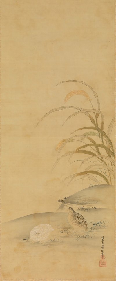 Codorniz y mijo, finales del siglo XVII de Kiyohara Yukinobu