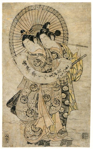 Amantes de pie en la nieve sosteniendo una hoja de papel con un poema inscrito de Kiyohiro Torii