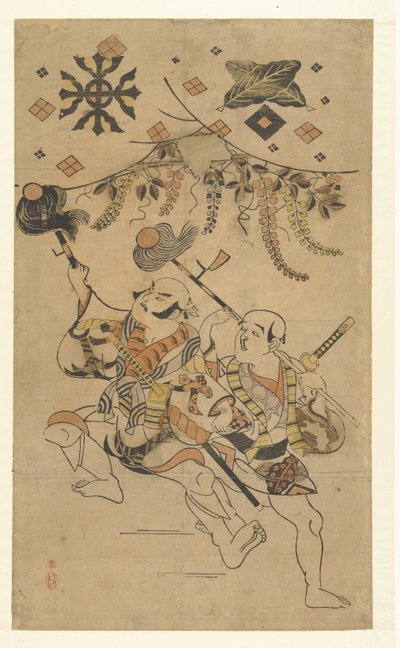 Los actores Nakamura Denkuro I y Bando Matakuro, en el papel de Yakko, realizando una danza de lanzas de Kiyonobu (I) , Torii (attributed to)