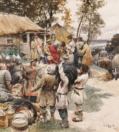 Poliudie Recolectando tributo. Igor de Kiev Exigiendo Tributo de los Drevlyans, 1903 de Klavdiy Vasilievich Lebedev