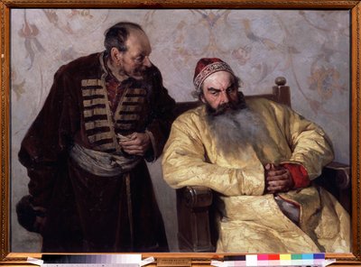Une denunciation au Boyar (boiard, boiar) (Al boyardo con una denuncia). Durante los tiempos turbulentos (1598-1613) bajo el reinado del Zar Iván IV el Terrible (1530-1584), en el Gran Ducado de Moscú, un hombre, sosteniendo un papel doblado en la mano, ha de Klavdiy Vasilievich Lebedev