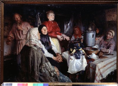 Visita a la casa (A Home Visit). Pintura de Klavdi Vasilyevich Lebedev (1852-1916), óleo sobre lienzo de Klavdiy Vasilievich Lebedev