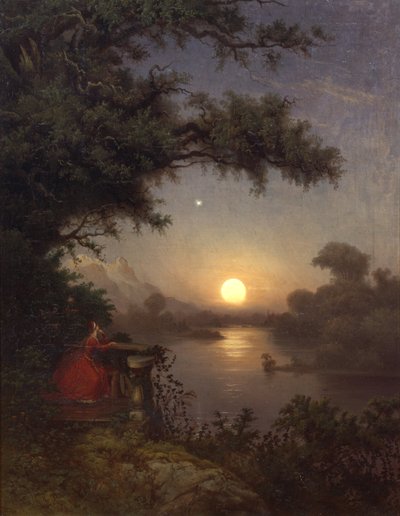 Mujer en la terraza mirando la luna de Knud Andreassen Baade