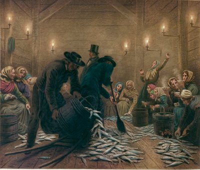 Interior de un almacén de arenques en Bergen (óleo sobre lienzo) de Knud Bergslien
