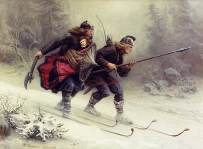 Soldados del rey noruego Sverre, Torstein Skevla y Skjervald Skrukka llevando al hijo del rey, Hakon Hakonsson. de Knud Bergslien
