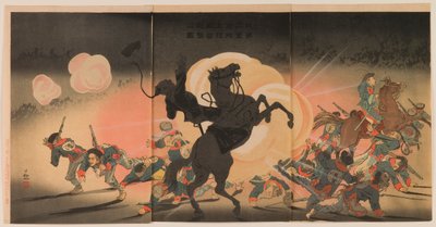 Bombardeo del campamento enemigo mientras nuestro segundo ejército aterriza en la fortaleza de Jinzhou de Kobayashi Kiyochika
