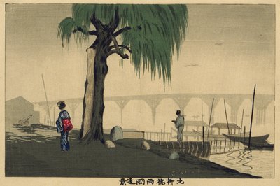 Vista lejana de Ryōgoku desde el puente Motoyanagi de Kobayashi Kiyochika