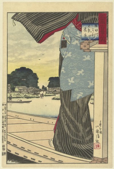 Vista de Matsuchiyama desde el río Sumida Sumidagawa yori Matsuchiyama no enkei (título sobre objeto) Cien vistas de la provincia de Musashi (título de la serie) Musashi hyakkei no uchi (título de la serie sobre el objeto) de Kobayashi Kiyochika