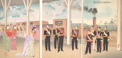 Ilustración de la llegada del Emperador a la estación de Shinbashi tras una victoria Gaise..., 1895 de Kobayashi Kiyochika