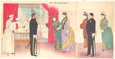 Ilustración de la emperatriz visitando un hospital de campaña en Hiroshima de Kobayashi Kiyochika