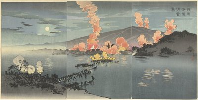 Ataque nocturno de nuestras fuerzas armadas al campamento chino en Pyongyang. Wagagun Heijo no seiei o osou (título sobre objeto) de Kobayashi Kiyochika