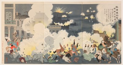 Pánico en las calles de la ciudad durante el bombardeo de Port Arthur de Kobayashi Kiyochika