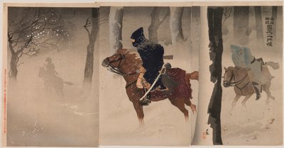 Exploradores cerca de Nuizhuang en una noche nevada de Kobayashi Kiyochika