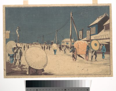 Straßenszene am Stadtrand von Edo an einem Winterabend de Kobayashi Kiyochika