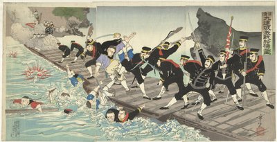 Feroces combates en el puente flotante de Kiuliencheng durante la Guerra Sino-Japonesa Nisshin Kyurenjo kisen senkyo no zu (título sobre objeto) de Kobayashi Toshimitsu
