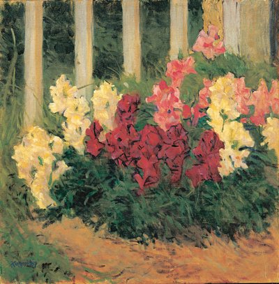 Blumenstrauch vor Gartenzaun - Flores delante de una valla de jardín ... (óleo sobre lienzo) de Koloman Moser
