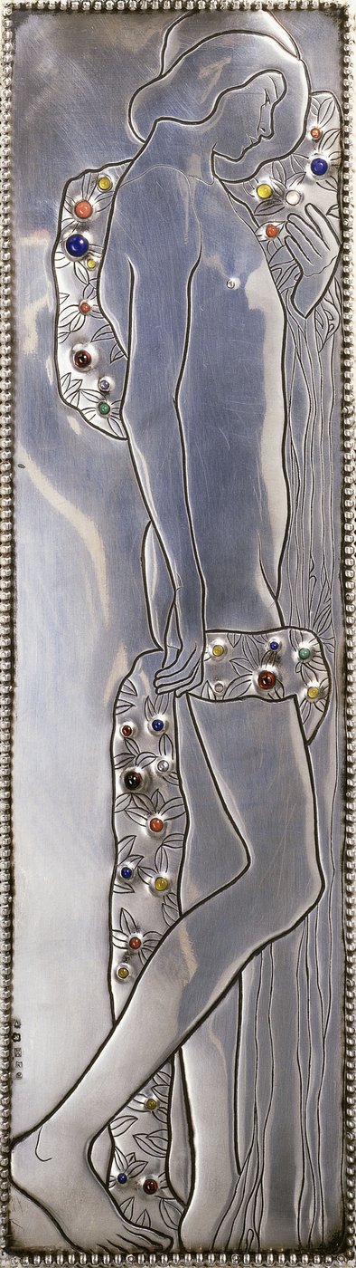 Panel incrustado de una cama individual blanca de Weiner Werkstatte que representa una figura andrógina desnuda (detalle) de Koloman Moser
