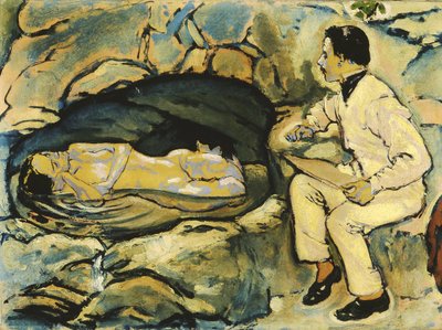 Autorretrato, dibujo con sirena en la gruta de roca, 1914 de Koloman Moser
