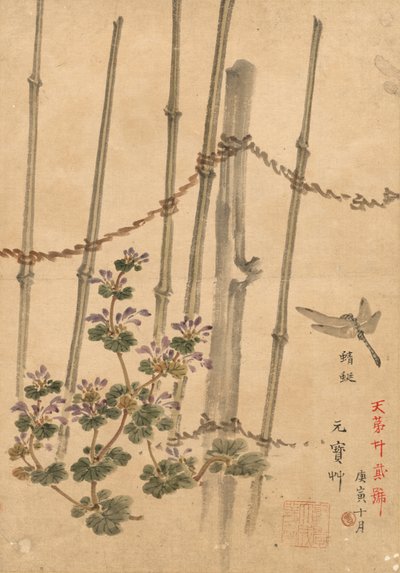 Cerca de bambú y crisantemos, c. 1890 de Kono Bairei