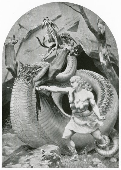 Sigfrido matando al dragón (litografía) de Konrad Dielitz