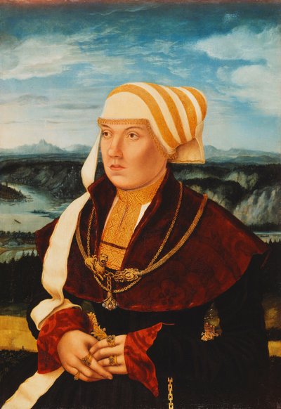 Retrato de Dorothea von Stralenburg, de 26 años, tres cuartos de longitud, con un vestido rojo y negro con adornos dorados, ante un paisaje extenso de Konrad Faber von Kreuznach