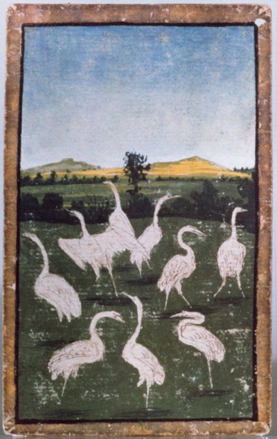 Garzas en un campo, una de un conjunto de cartas de juego que representan escenas de cetrería cortesana, Área del Alto Rin, c.1440-45 de Konrad Witz