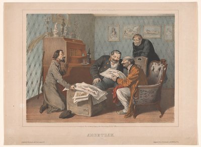 Distribuidor de impresión ofrece obras de arte a un coleccionista de erótica Interior con un vendedor de impresos mostrando su mercancía любители (amantes) (título sobre objeto) de Konstantin Aleksandrovich Trutovsky