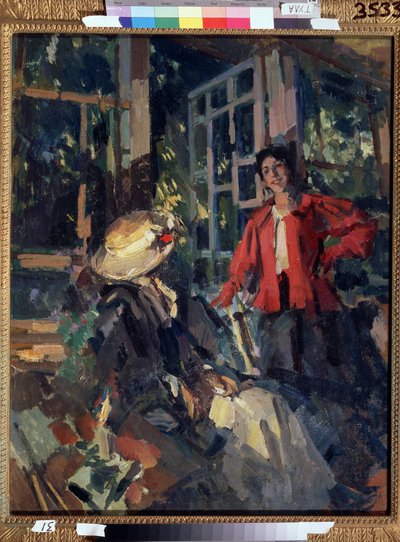 En la ventana. Dos mujeres jóvenes, una muy sonriente, la otra se dio la vuelta con mucha elegancia, frente a un gran ventanal. Pintura de Konstantin Alexeyevich Korovin (Constantin Korovin) (1861-1939), óleo sobre lienzo de Konstantin Alekseevich Korovin