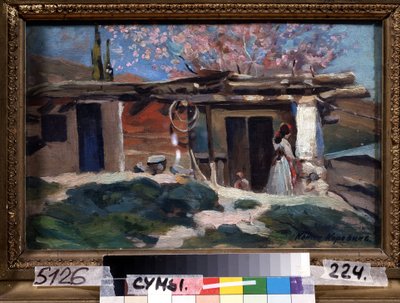 Crimea, almendros en flor. (Crimea, Almendros en flor). Mujer joven frente a una pequeña casa de madera, bajo almendros rosas. Pintura de Konstantin Alexeyevich Korovin (Constantin Korovin) (1861-1939), óleo sobre lienzo de Konstantin Alekseevich Korovin
