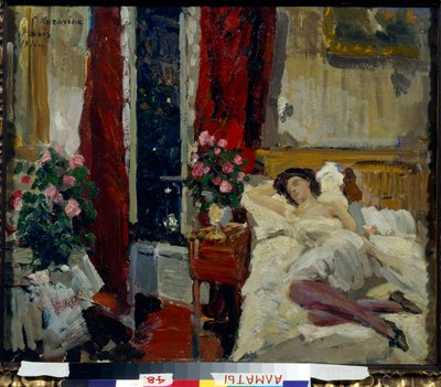 "In the room" (En la habitación) mujer joven en negligé acostada en una cama Pintura de Konstantin Alexeyevich Korovin (Constantin Korovin) (1861-1939) 1911 - Óleo sobre lienzo Dim 54x65 cm Museo Estatal de Arte de la República de Kazajstán, Almaty de Konstantin Alekseevich Korovin