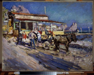 Gurzuf (Crimea) (Gurzuf). Puerto pueblo anida en el hueco de una bahía, dominada por la montaña del oso. Pintura de Konstantin Alexeyevich Korovin (Constantin Korovin) (1861-1939), óleo sobre lienzo de Konstantin Alekseevich Korovin