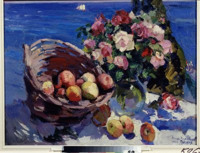 Gurzuf, Ucrania (Gurzuf). Bodegón de flores y frutas cerca de la playa Pintura de Konstantin Alexeyevich Korovin (Constantin Korovin) (1861-1939), óleo sobre lienzo de Konstantin Alekseevich Korovin