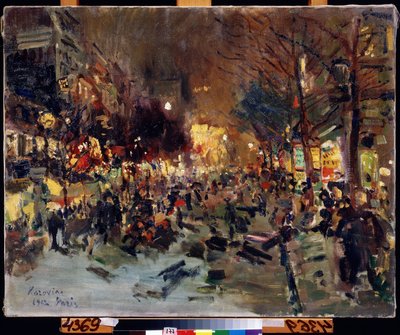Grand Boulevard de París (Boulevard de París). Vista de la bulliciosa calle por la noche. Puede ver las columnas de Morris a la derecha. Pintura de Konstantin Alexeyevich Korovin (Constantin Korovin) (1861-1939), óleo sobre lienzo de Konstantin Alekseevich Korovin