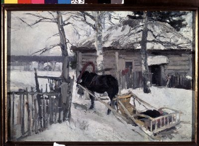 Invierno (Invierno). Un carruaje tirado por caballos en el patio de una casa de madera, en el campo, bajo la nieve. Pintura de Konstantin Alexeyevich Korovin (Constantin Korovin) (1861-1939), óleo sobre lienzo de Konstantin Alekseevich Korovin