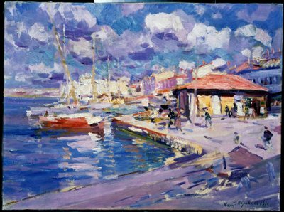 Bahía de pesca en Sebastopol (Ucrania) (bahía de pesca, Sebastopol). Vista del muelle donde se amarran barcos, caminantes y edificios bajo el sol. Pintura de Konstantin Alexeyevich Korovin (Constantin Korovin) (1861-1939), óleo sobre lienzo de Konstantin Alekseevich Korovin