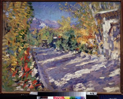 El camino a Gourzuf (Crimea, Rusia). (Camino a Gurzuf). Camino sombreado en pleno verano que conduce a la montaña cerca de la orilla del mar Pintura de Konstantin Alexeyevich Korovin (Constantin Korovin) (1861-1939), óleo sobre lienzo de Konstantin Alekseevich Korovin