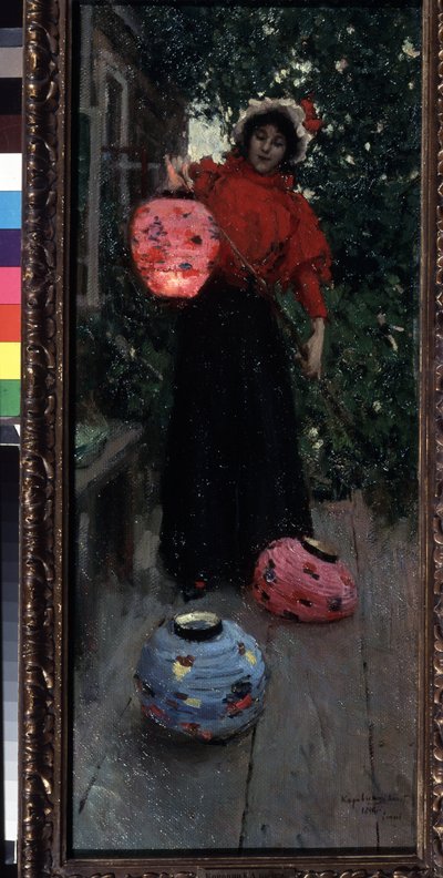 Linternas Chinas (Linternas Chinas). Una mujer enciende e instala faroles de papel (lampions) en la terraza por la noche. Pintura de Konstantin Alexeyevich Korovin (Constantin Korovin) (1861-1939), óleo sobre lienzo de Konstantin Alekseevich Korovin
