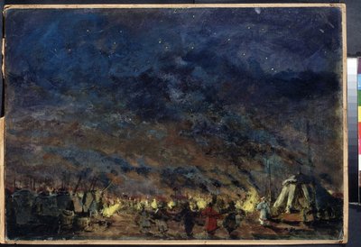 The Polovtsian Camp, Escenografía para la Ópera Prince Igor de Alexander Borodin - (The Polovtsian Camp - Escenografía para la Ópera Prince Igor de Alexander Borodin) - Bajo un cielo estrellado, las carpas del campamento enmarcan las luces, en de Konstantin Alekseevich Korovin