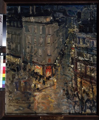 París, Boulevard des Capucines (París, Boulevard des Capucines). Vista de la intersección de los bulevares des Capucines y los bulevares Italiens, en una noche de verano, los edificios y el bullicio de la calle iluminados por las luces de las farolas. Pint de Konstantin Alekseevich Korovin