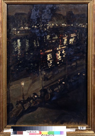 París de noche (París de noche). Vista de los muelles del Sena, con un carruaje tirado por caballos, y las luces de la ciudad reflejándose en la superficie del agua. Pintura de Konstantin Alexeyevich Korovin (Constantin Korovin) (1861-1939), óleo sobre lie de Konstantin Alekseevich Korovin