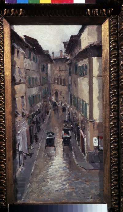 Lluvia en Florencia (Lluvia en Florencia). Descripción de una calle del centro medieval de la ciudad de Toscana (Italia). Pintura de Konstantin Alexeyevich Korovin (Constantin Korovin) (1861-1939), óleo sobre lienzo de Konstantin Alekseevich Korovin