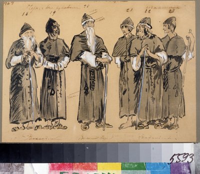 Diseño de vestuario para la ópera Khovanshchina o los príncipes Khovansky de Modeste Mussorgsky (1839-1881) (Diseño de Vestuario para la Ópera Khovanshchina de M.Mussorgsky). Disfraces para Viejos Creyentes. Obra de Konstantin Alexeyevich Korovin (Constant de Konstantin Alekseevich Korovin