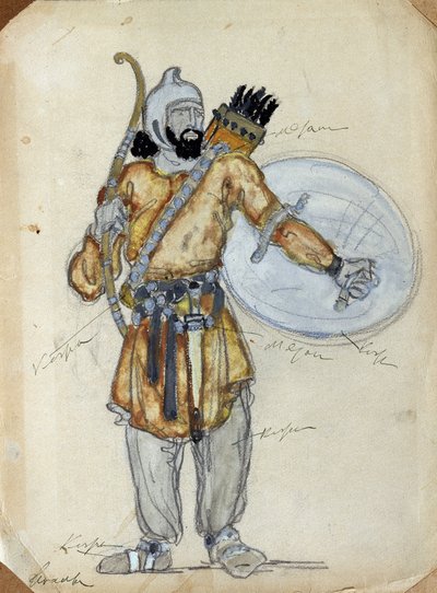 Diseño de vestuario para la ópera El príncipe Igor de Alexander Borodin (1833-1887) (Diseño de vestuario para la ópera El príncipe Igor de A. Borodin). Obra de Konstantin Alexeyevich Korovin (Constantin Korovin) (1861-1939), acuarela y gouache sobre papel de Konstantin Alekseevich Korovin